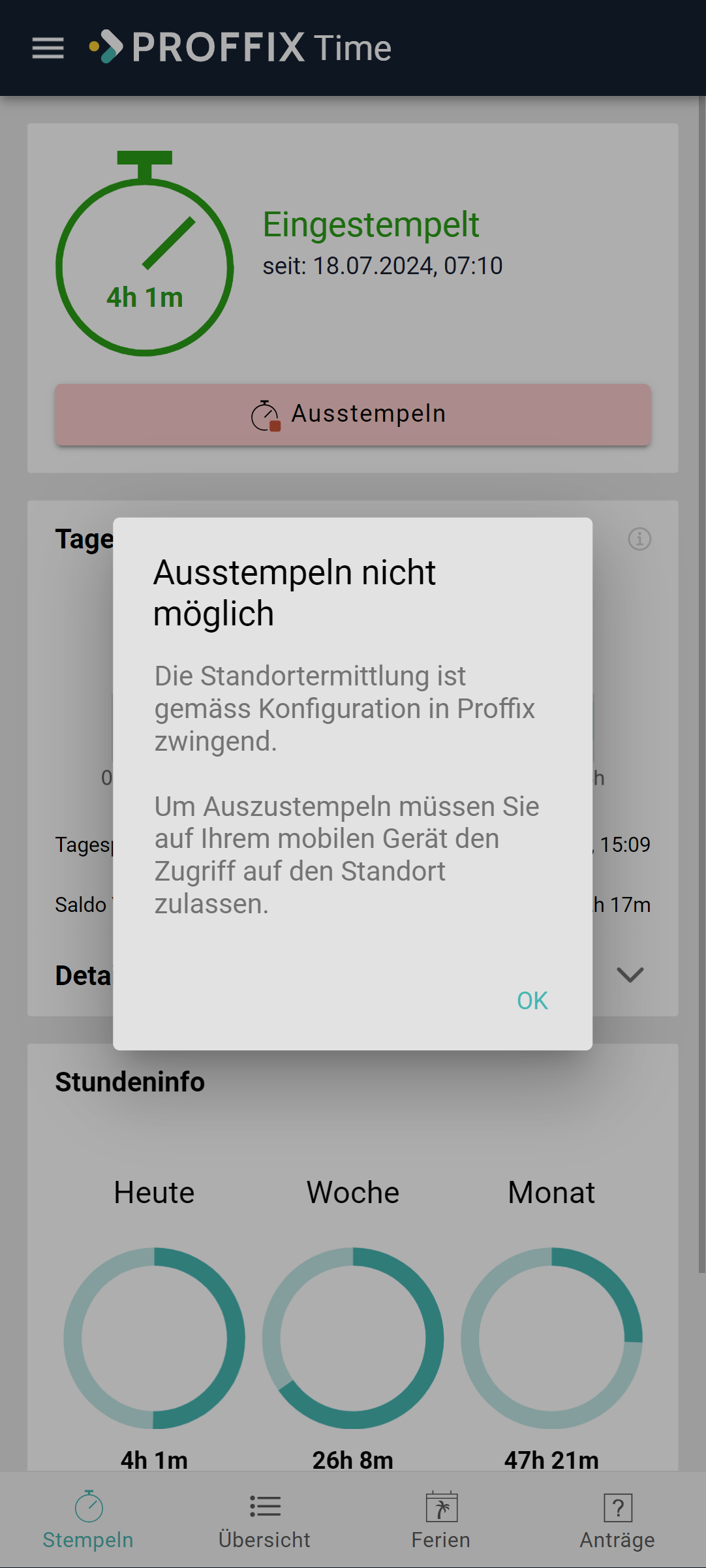 Time_Meldung Standortermittlung Ausstempeln