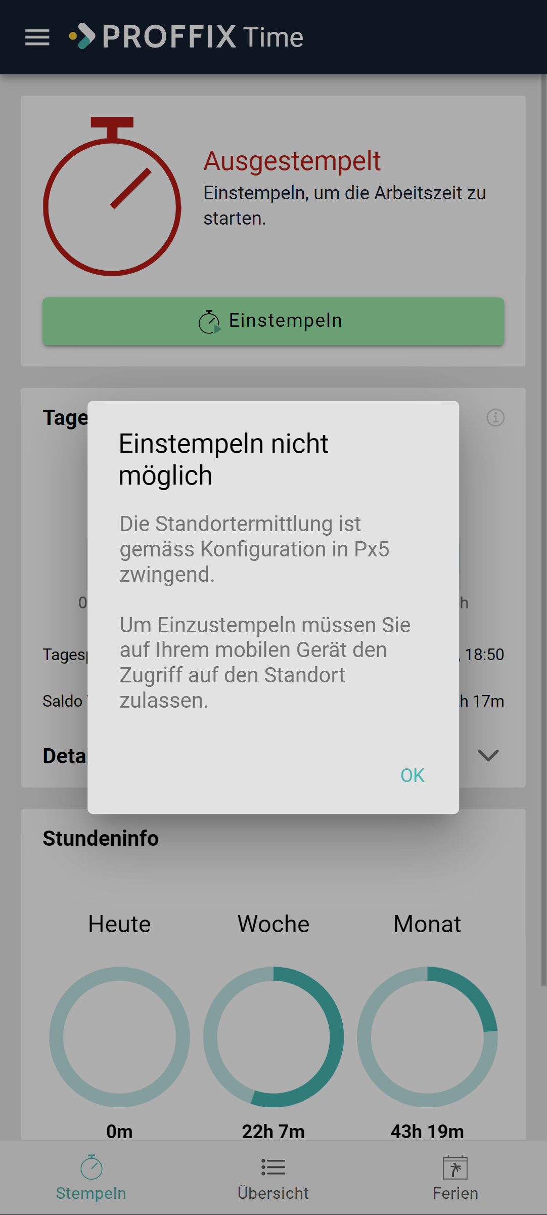 Time_Meldung Standortermittlung Einstempeln