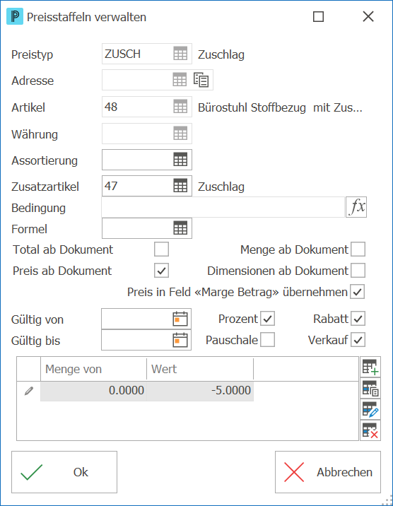 Preis Preisstaffel Marge Betrag aktiviert ND