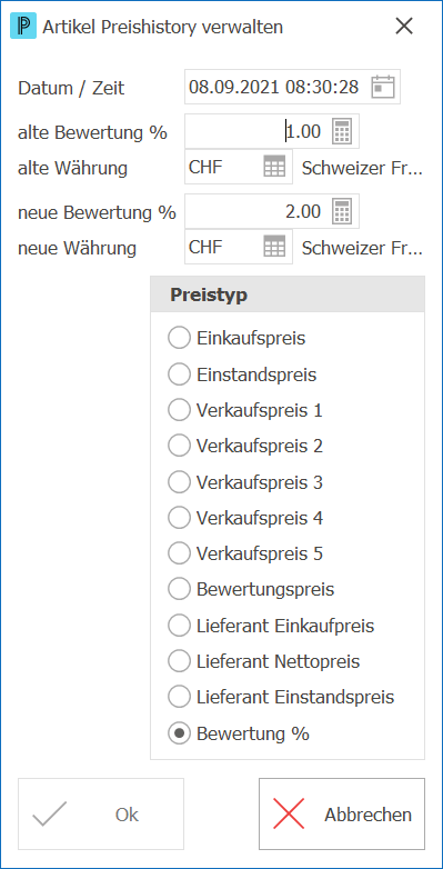 Artikel Preishistory verwalten DetailsND