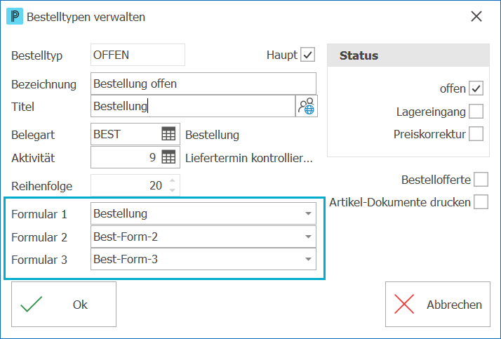Einkauf Bestelltype Formular ND