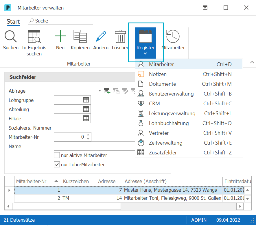 Lohn_MA verwalten Register ND