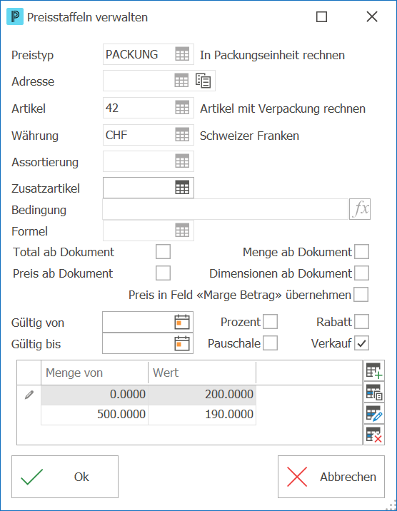 Preis Preisstaffel in Verpackungen ND