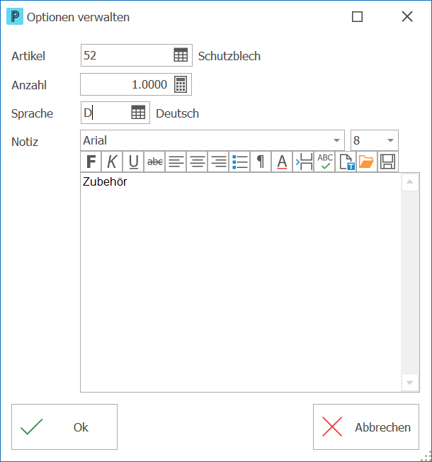 Artikel Option verwalten