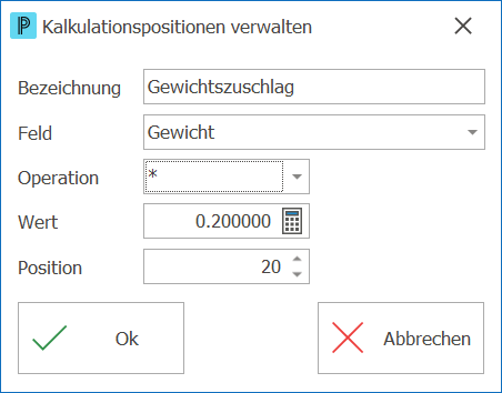 Lager Kalkulationspositionen verwalten