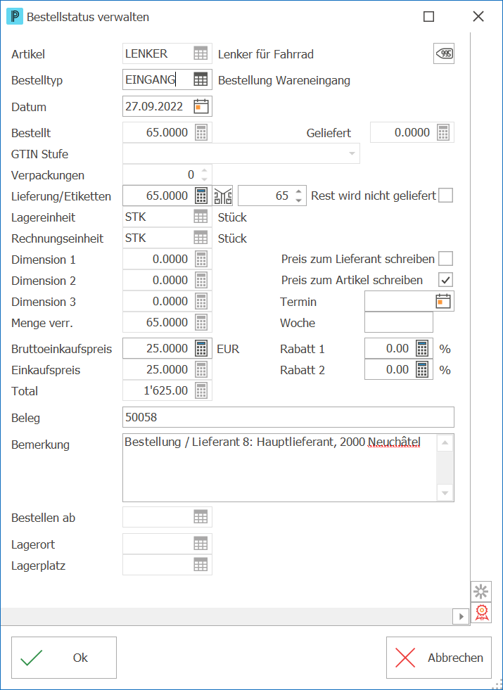 Einkauf Bestellstatus verwalten Position offen