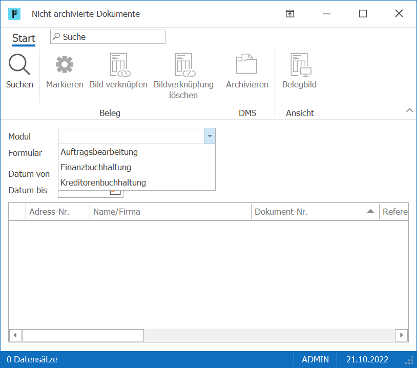 DMS_Allgemein_Nicht archivierte Dokumente_Fenster