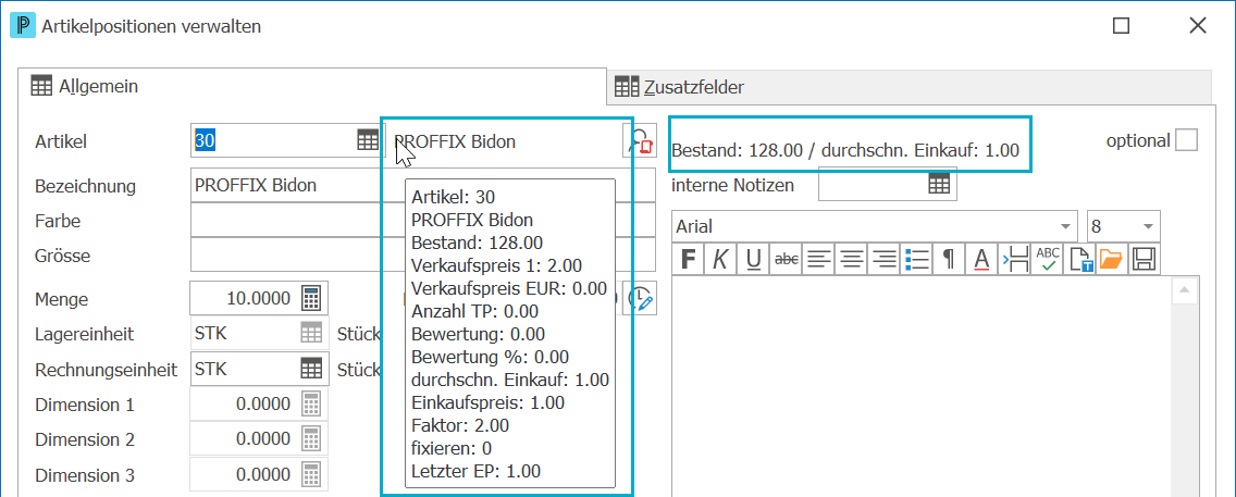 Auf_Dokumentposition_Bestand Tooltop Bestandsanzeige