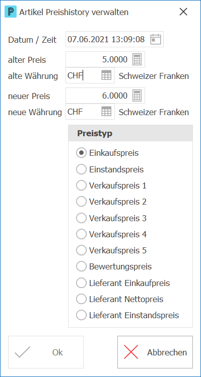 Artikel Preishistory verwalten Details