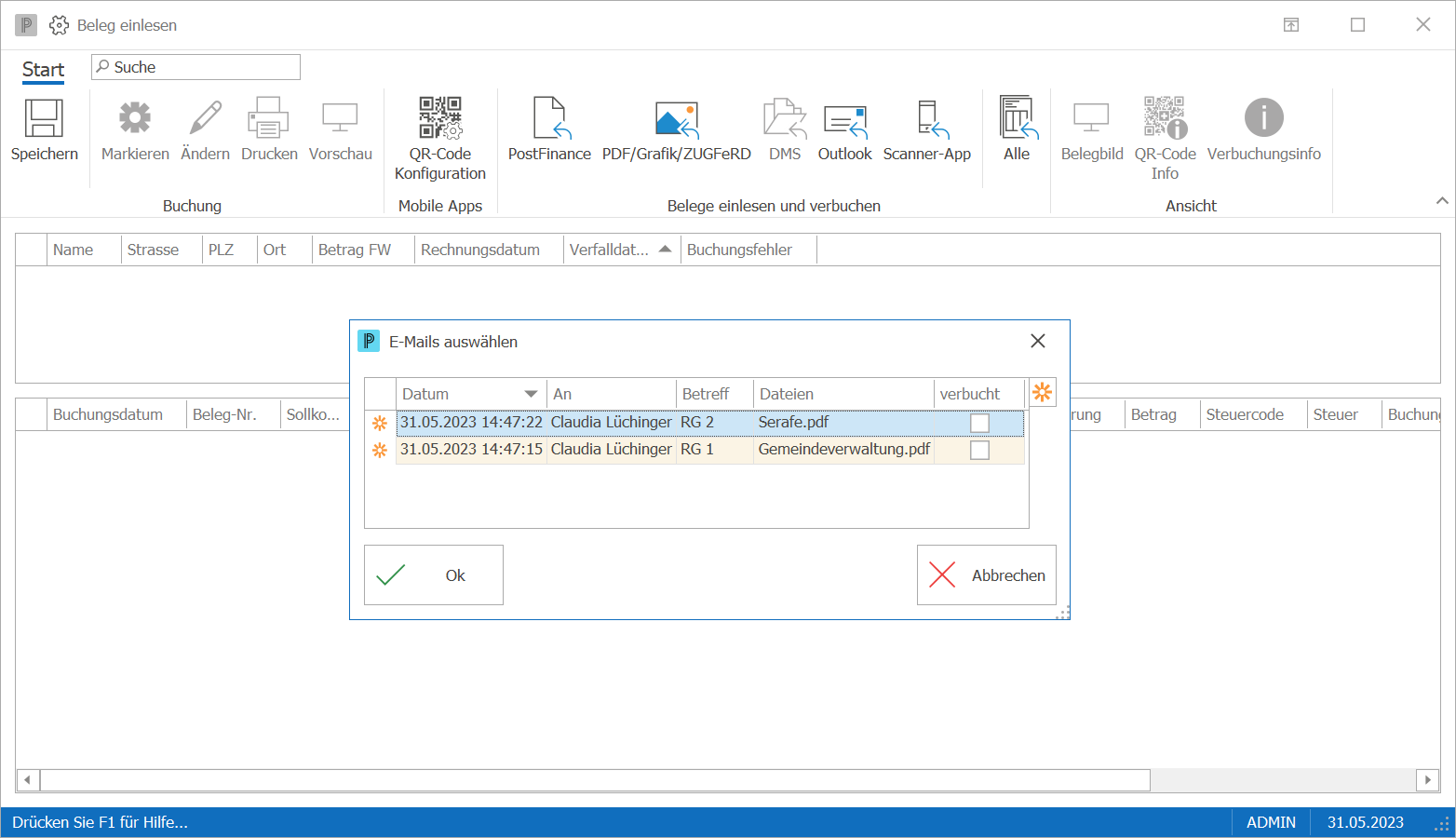 kre_Beleg einlesen_Outlook_Beleg gewählt