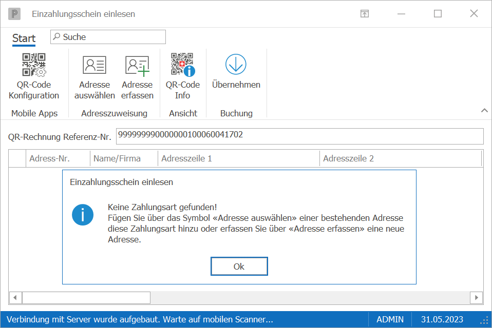 Kre_einzahlungsschein einlesen_keine Adresse gefunden