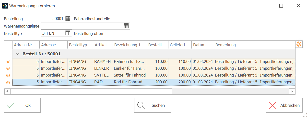 Einkauf Wareneingang stornieren