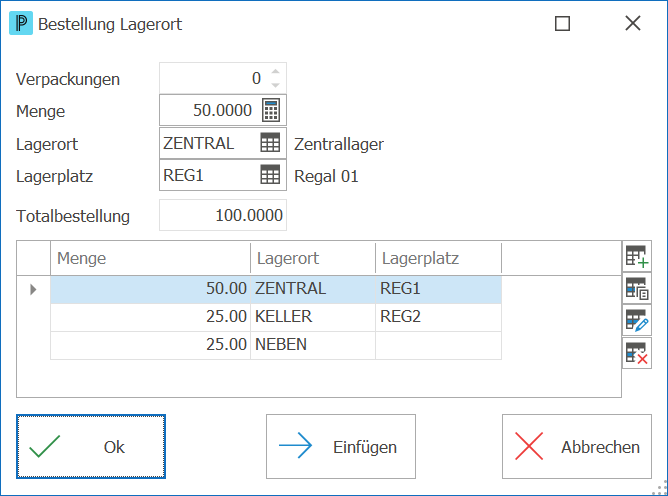 Einkauf Bestellung Lagerort