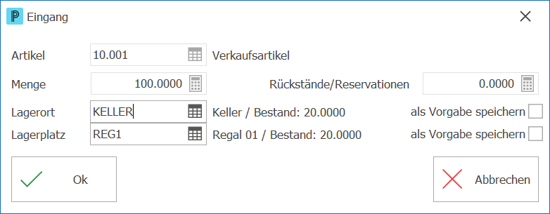 Artikel Wareneingang mit Lagerort