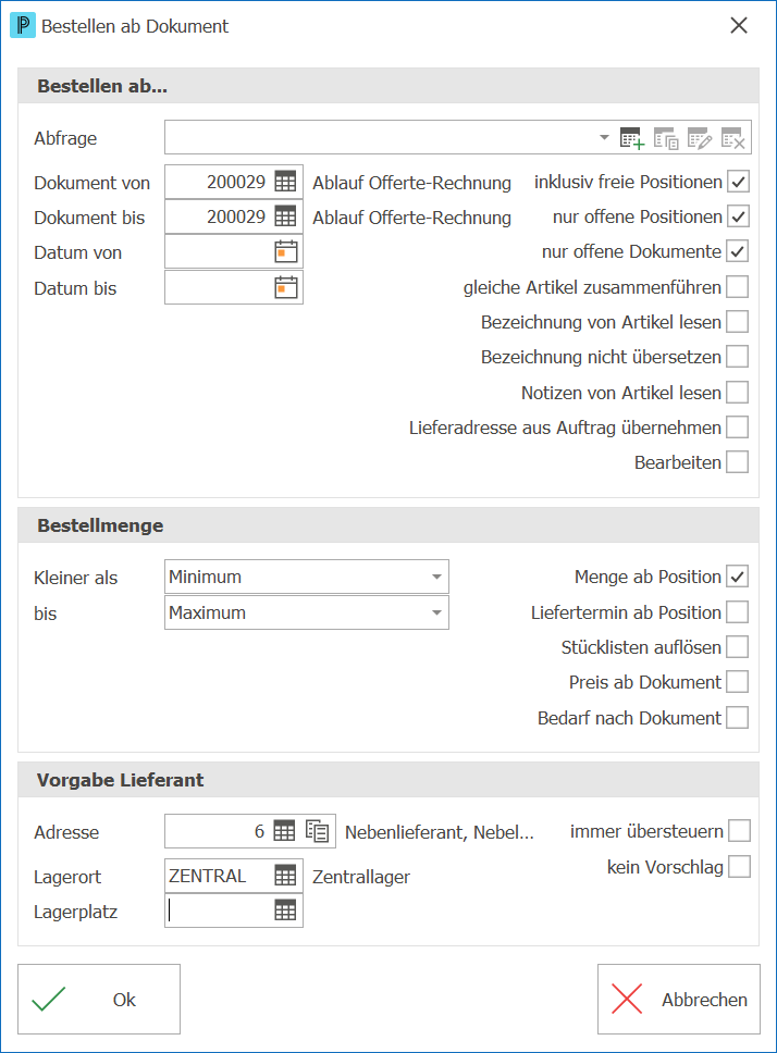 Einkauf Bestellung ab Dokument