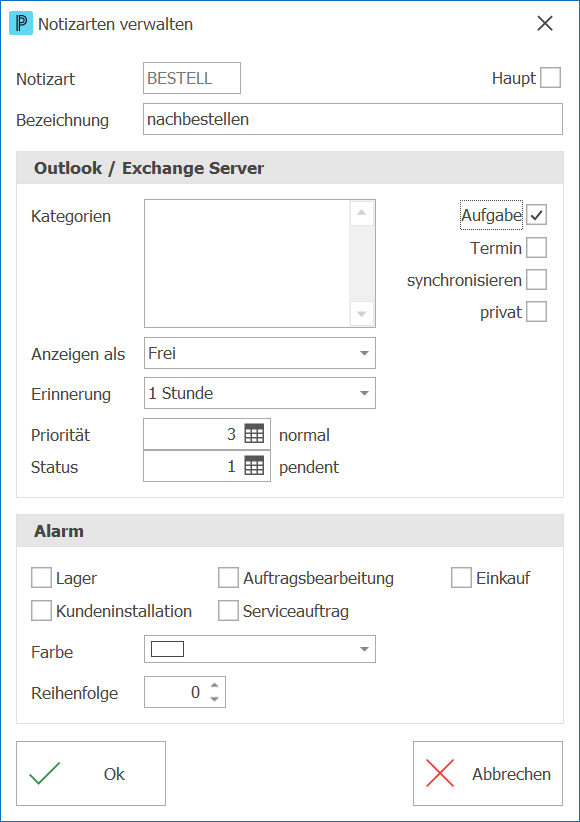 Lager Notizarten Artikel verwalten