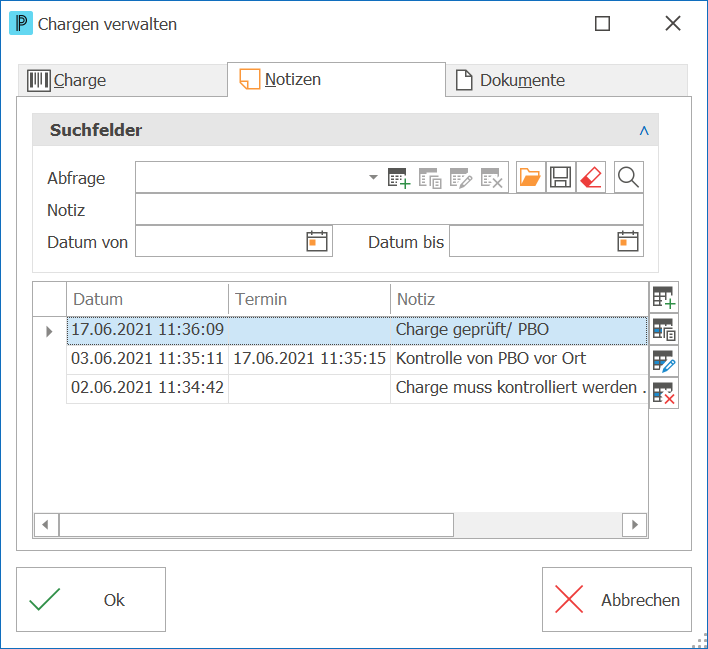 Lager Charge Suche Notizen verwalten