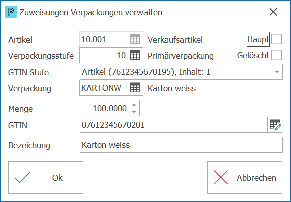 Artikel Zuweisung Verpackung verwalten
