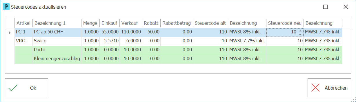 auf_Steuercodes aktualisieren Tabelle