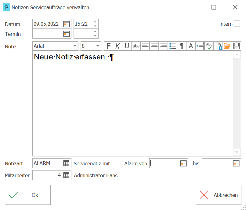 Service_Serviceposition_Notizen_neue Notiz erfassen