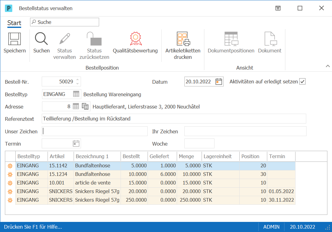 Einkauf Bestellstatus verwalten