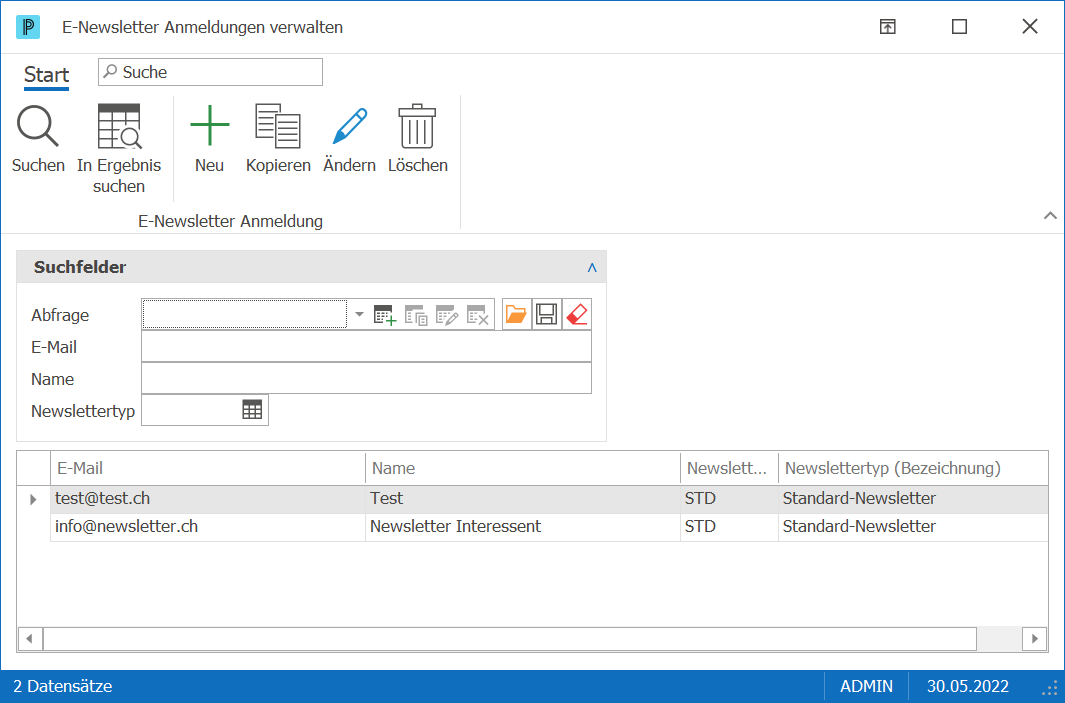 CRM_Newsletter_E-Newsletter Anmeldungen verwalten