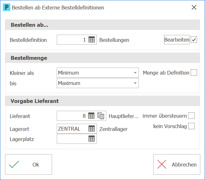 Einkauf Bestellung ab ext Bestelldefinition