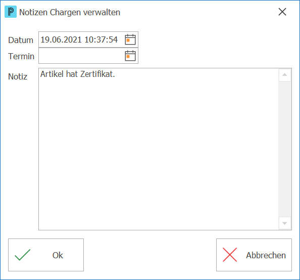 Lager Charge Notizen verwalten