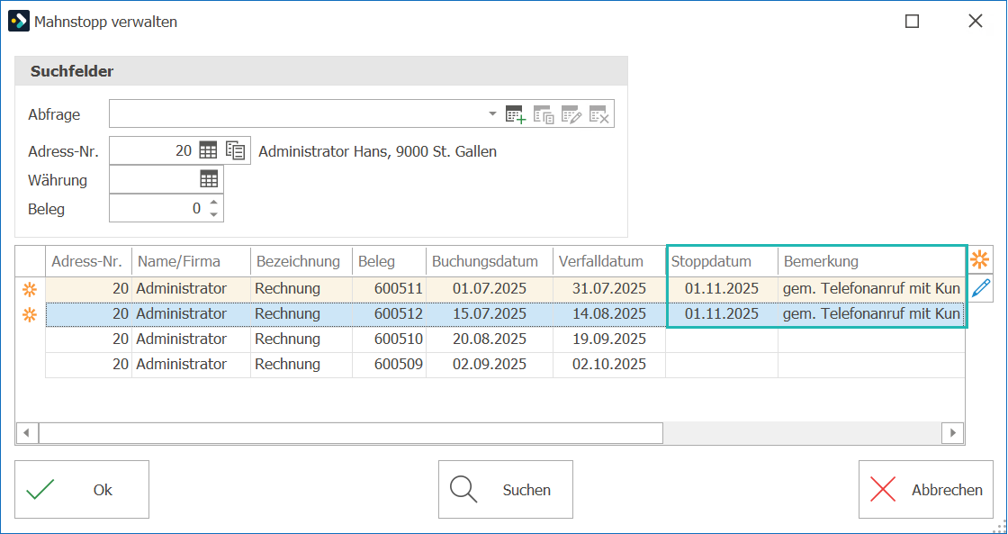 deb_mahnstopp verwalten mit Stoppdatum