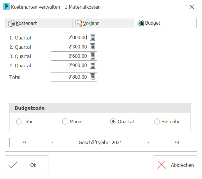 deb_kostenarten verwalten_Register Budget