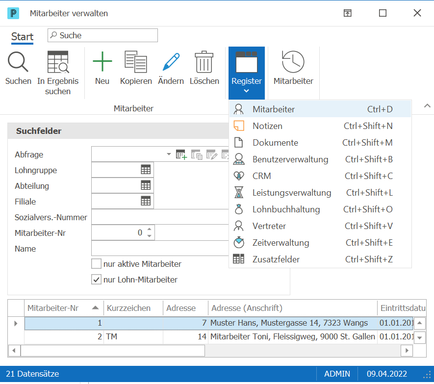 Lohn_MA verwalten Register